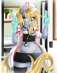 Size: 939x1200 | Tagged: anthro, artist:knifeh, belly button, breasts, busty derpy hooves, chest fluff, clothes, derpibooru import, derpy hooves, female, gloves, medicine, midriff, nurse, panties, portrait, rubber gloves, skirt, solo, solo female, suggestive, syringe, thong, underwear, upskirt
