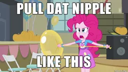 Size: 610x343 | Tagged: suggestive, derpibooru import, pinkie pie, equestria girls, balloon, image macro, implied boobgrab, meme