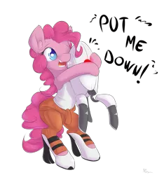 Size: 1875x2000 | Tagged: safe, artist:alasou, deleted from derpibooru, derpibooru import, pinkie pie, earth pony, pony, bipedal, chell, clothes, colored pupils, crossover, cute, dialogue, diapinkes, duo, ear fluff, hug, open mouth, portal (valve), simple background, tanktop, transparent background, turret