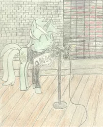 Size: 3315x4096 | Tagged: safe, artist:barryfrommars, derpibooru import, lyra heartstrings, pony, unicorn, fanfic:background pony, background pony, clothes, crossover, guitar, hoodie, joy division, microphone, microphone stand, pencil drawing, reference, traditional art, vox phantom, window, wooden floor