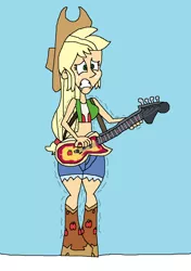 Size: 955x1353 | Tagged: safe, artist:hunterxcolleen, derpibooru import, applejack, equestria girls, bass guitar, bikini, bikini top, boots, clothes, cold, freezing, freezing fetish, humanized, musical instrument, shivering, shorts, snow, swimsuit