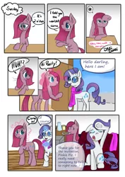 Size: 2480x3508 | Tagged: artist:drhikari, clothes, comic, comic:dealing with depression, cookie, couch, food, pinkamena diane pie, pinkie pie, plate, rarity, safe, scarf