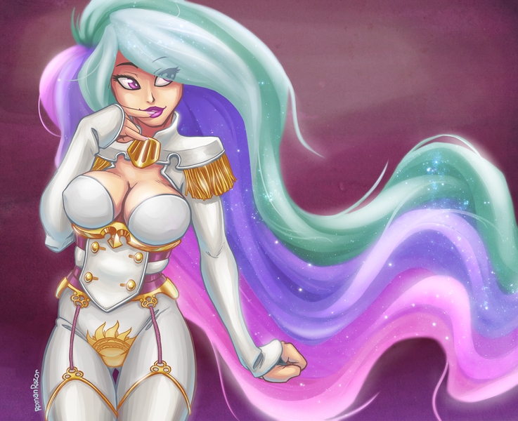 Size: 1200x977 | Tagged: artist:romanrazor, breasts, busty princess celestia, cleavage, clothes, derpibooru import, eye clipping through hair, female, human, humanized, lipstick, princess celestia, smiling, solo, solo female, suggestive, uniform