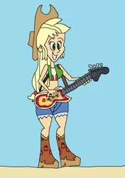 Size: 955x1357 | Tagged: safe, artist:hunterxcolleen, derpibooru import, applejack, equestria girls, bass guitar, beach, bikini, bikini top, boots, clothes, humanized, musical instrument, shorts, swimsuit