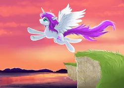 Size: 1024x731 | Tagged: safe, artist:confetticakez, derpibooru import, oc, unofficial characters only, alicorn, pony, alicorn oc, cloud, dawn, female, flying, grass, looking up, mare, ocean, sky, spread wings, underhoof, wings