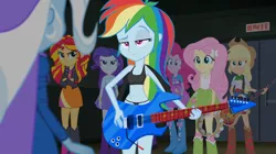 Size: 1904x1064 | Tagged: suggestive, derpibooru import, edit, edited screencap, screencap, applejack, fluttershy, pinkie pie, rainbow dash, rarity, sunset shimmer, trixie, equestria girls, rainbow rocks, bass guitar, black underwear, bra, breasts, clothes, crop top bra, guitar, musical instrument, panties, rainbow sass, tambourine, thong, underwear, underwear edit