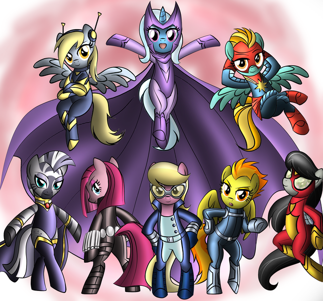 Size: 4576x4272 | Tagged: safe, artist:voltictail, derpibooru import, derpy hooves, lightning dust, lily, lily valley, octavia melody, pinkie pie, spitfire, trixie, zecora, pony, zebra, absurd resolution, avengers, bipedal, black widow (marvel), captain marvel (marvel), crossover, maria hill, marvel, mockingbird, pinkamena diane pie, scarlet witch, simple background, spider-woman, storm (marvel comics), wasp (marvel)