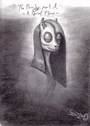 Size: 758x1054 | Tagged: artist:scorchedwing, charcoal drawing, derpibooru import, graphite drawing, grayscale, grimdark, horror, mixed media, monochrome, pinkamena diane pie, pinkie pie, the painless, traditional art