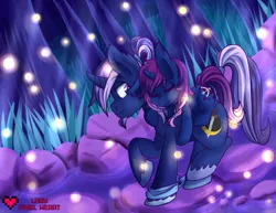 Size: 1017x786 | Tagged: artist:ladypixelheart, azuna, carrying, derpibooru import, father and daughter, night, oc, oc:azure night, oc:seline, offspring, parent:oc:azure night, parent:princess luna, parents:azuna, parents:canon x oc, piggyback ride, ponies riding ponies, safe, sleeping, unofficial characters only