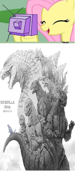 Size: 440x1000 | Tagged: 60th anniversary, derpibooru import, exploitable meme, fluttershy, gmk godzilla, godzilla, godzilla 2000, godzilla 2014, godzilla final wars, godzilla junior, godzilla mothra king ghidorah: giant monsters all-out attack, godzilla (series), gojira, heisei godzilla, kaiju, meme, millenium godzilla, mothra vs godzilla, obligatory pony, safe, showa godzilla, tv meme