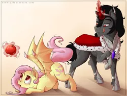Size: 2652x1991 | Tagged: safe, artist:evehly, derpibooru import, edit, fluttershy, king sombra, bat pony, pony, apple, butt shake, clever bastard, eyes on the prize, face down ass up, flutterbat, levitation, licking lips, magic, plot, race swap, shipping, sombrashy, spread wings, stare