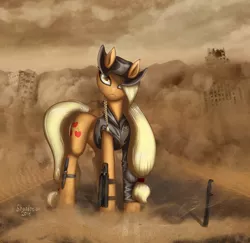 Size: 2400x2336 | Tagged: applejack, artist:shaadorian, badass, blade, cowboy hat, derpibooru import, desert, hat, knife, machete, post-apocalyptic, ranger, safe, sand, solo, stetson, wasteland, weapon