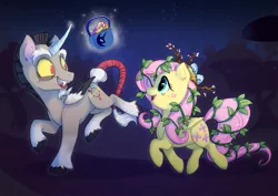 Size: 1241x877 | Tagged: safe, artist:c-puff, derpibooru import, discord, fluttershy, ponified, alicorn, pegasus, pony, branches, candy, candy bag, candy cane, clothes, costume, cute, dark, digital art, discute, duo, duo male and female, egg, fangs, female, food, leaves, levitation, looking at each other, magic, male, mare, nest, night, night sky, nightmare night, nightmare night costume, open mouth, pony discord, shyabetes, sky, smiling, stallion, stars, stick, telekinesis, tree, trotting