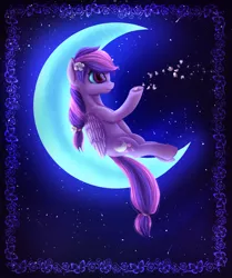 Size: 1352x1620 | Tagged: safe, artist:9de-light6, derpibooru import, oc, oc:moonlight blossom, unofficial characters only, pegasus, pony, crescent moon, moon, solo, tangible heavenly object, transparent moon