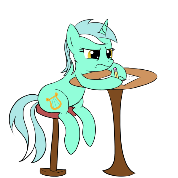 Size: 1300x1300 | Tagged: safe, artist:natsu714, derpibooru import, lyra heartstrings, pony, unicorn, frown, paper, pencil, solo, stool, table, writing