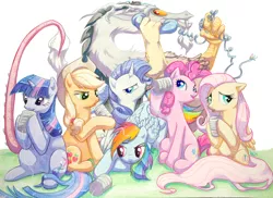 Size: 1000x727 | Tagged: applejack, artist:mommashy, colored pencil drawing, derpibooru import, discord, fluttershy, mane six, mixed media, pinkie pie, rainbow dash, rarity, safe, telephone, tin can, traditional art, twilight sparkle, watercolor painting