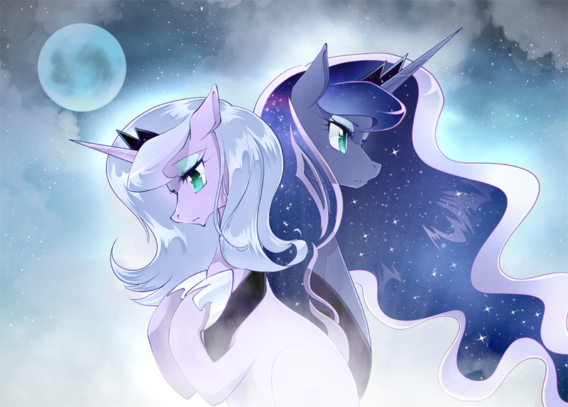 Size: 836x600 | Tagged: safe, artist:yuki-zakuro, derpibooru import, princess luna, pony, duality, female, mare, moon, s1 luna, self ponidox, the fun has been doubled