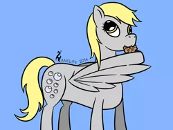 Size: 960x720 | Tagged: safe, artist:zanclife, derpibooru import, derpy hooves, pegasus, pony, female, mare, muffin, nom, simple background, solo, wing hands