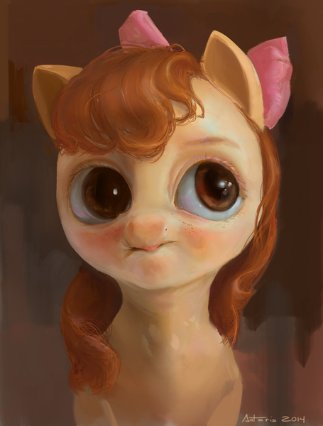 Size: 683x900 | Tagged: 3:, apple bloom, artist:aateris, creepy, derpibooru import, frown, full face view, portrait, realistic, safe, scrunchy face, solo, uncanny valley