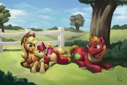 Size: 1600x1073 | Tagged: safe, artist:zevironmoniroth, derpibooru import, apple bloom, applejack, big macintosh, earth pony, pony, apple siblings, fence, male, prone, scenery, stallion, tree