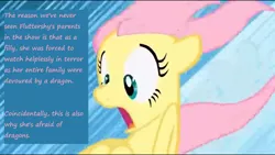 Size: 1920x1080 | Tagged: safe, derpibooru import, edit, edited screencap, screencap, fluttershy, dragon, pegasus, pony, attack on dragon, caption, cloud, cloudsdale, filly, solo, terror, text