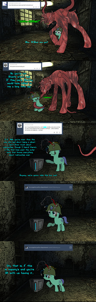 Size: 1700x5329 | Tagged: semi-grimdark, derpibooru import, oc, oc:blossom, oc:taint fare, unofficial characters only, pony, unicorn, fallout equestria, adopted offspring, adoracreepy, anonymous, box, comic, creepy, cute, female, filly, helmet, mutant, no eyes, post-apocalyptic, sad, scavenging, startled, tumblr, tumblr comic, wires