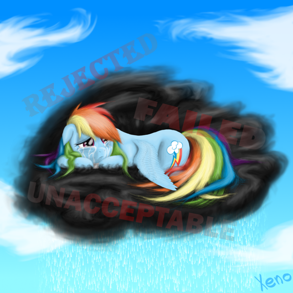 Size: 800x800 | Tagged: artist:the1xeno1, cloud, cloudy, crying, derpibooru import, despair, disembodied thoughts, frown, rain, rainbow dash, rejection, sad, safe, solo