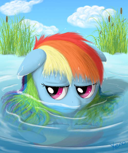 Size: 1250x1500 | Tagged: artist:the1xeno1, cattails, derpibooru import, rainbow dash, reed, reeds, safe, solo, water, wet mane