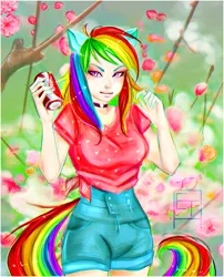 Size: 2060x2550 | Tagged: safe, artist:slyblue7, derpibooru import, rainbow dash, human, coca-cola, eared humanization, humanized, solo, tailed humanization