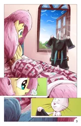 Size: 1393x2167 | Tagged: safe, artist:saturdaymorningproj, derpibooru import, angel bunny, fluttershy, pegasus, pony, angelic flutterboom, bed, bunny ears, comic, dangerous mission outfit, female, mare