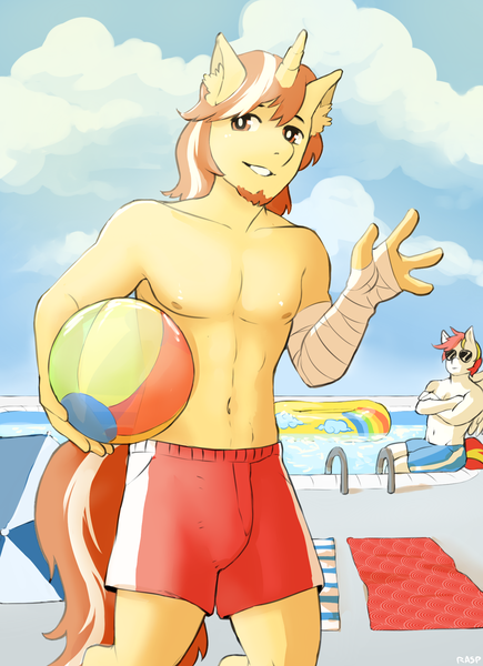 Size: 1450x2000 | Tagged: suggestive, artist:the-rasp-b, derpibooru import, oc, oc:firelander, unofficial characters only, anthro, pegasus, unicorn, bare chest, beach ball, beach towel, clothes, explicit source, hand wraps, male, sunglasses, swimming pool, swimming trunks, topless