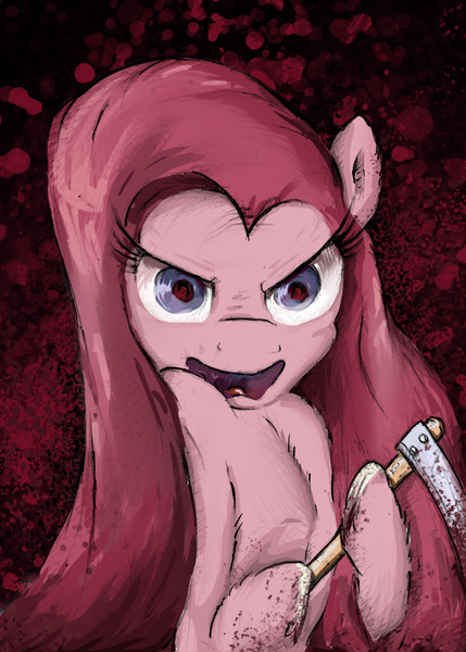 Size: 732x1024 | Tagged: semi-grimdark, artist:gezawatt, derpibooru import, pinkie pie, pony, blood, colored, creepy, digital art, female, looking at you, mare, pinkamena diane pie, scythe, semi-realistic, solo