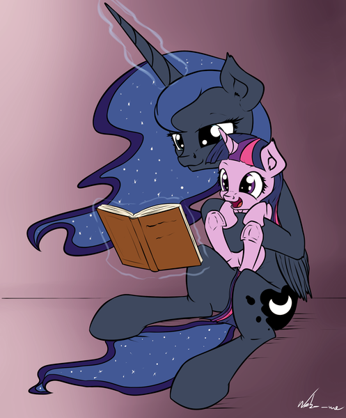 Size: 1987x2400 | Tagged: safe, artist:neko-me, derpibooru import, princess luna, twilight sparkle, pony, book, cute, fanfic art, female, filly, filly twilight sparkle, happy, holding a pony, hug, levitation, magic, maternaluna, missing accessory, open mouth, reading, smiling, telekinesis, twiabetes, underhoof, younger