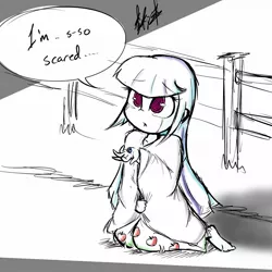 Size: 1280x1280 | Tagged: safe, artist:lightningnickel, derpibooru import, sonata dusk, equestria girls, rainbow rocks, alternate hairstyle, black and white, blanket, clothes, crying, cute, grayscale, loose hair, monochrome, neo noir, pajamas, partial color, scared, solo, sonatabetes