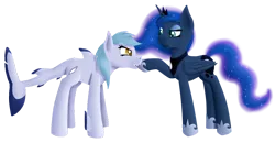 Size: 800x415 | Tagged: artist:timid tracks, biting, derpibooru import, frown, glare, oc, oc:hatii, original species, princess luna, raised eyebrow, safe, shark pony, simple background, transparent background, unamused