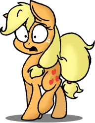 Size: 843x1097 | Tagged: applejack, artist:strangiesleepy, derpibooru import, hatless, missing accessory, safe, shocked, simple background, solo, transparent background