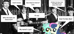 Size: 1006x467 | Tagged: 60s, band, bass guitar, bon bon, british invasion, derpibooru import, drums, guitar, lyra heartstrings, musical instrument, safe, speech bubble, sweetie drops, the dave clark five