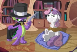 Size: 3206x2169 | Tagged: artist:horrormage, bondage, cushion, dastardly spike, derpibooru import, feather, horn ring, imminent tickles, lip bite, magic suppression, safe, spike, sweetie belle, sweetiebuse, this will end in laughs, this will end in tears and/or laughter, tickle torture, tickling, tied up, unshorn fetlocks