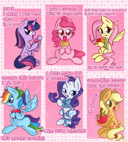 Size: 900x1000 | Tagged: safe, artist:anggrc, derpibooru import, applejack, fluttershy, pinkie pie, rainbow dash, rarity, twilight sparkle, blushing, book, carrot, cupcake, cute, dashabetes, diapinkes, engrish, gift wrapped, grammar error, heart, hearts and hooves day, holiday, jackabetes, mane six, raribetes, ribbon, scrunchy face, shyabetes, that pony sure does love apples, tsunderainbow, tsundere, twiabetes, valentine, valentine's day, valentine's day card