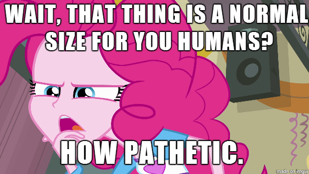 Size: 610x343 | Tagged: suggestive, derpibooru import, pinkie pie, equestria girls, image macro, meme, penis size, small penis, small penis humiliation