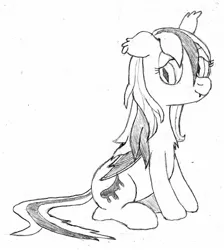 Size: 1527x1708 | Tagged: safe, artist:xiagu, derpibooru import, oc, oc:inky, unofficial characters only, bat pony, pony, chest fluff, monochrome, sitting, solo, traditional art, wet mane