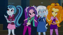 Size: 2048x1150 | Tagged: artist needed, suggestive, derpibooru import, edit, edited screencap, screencap, adagio dazzle, aria blaze, sonata dusk, trixie, equestria girls, rainbow rocks, clothes, exclamation point, female, imminent rape, imminent sex, rapeface, the dazzlings, wide eyes