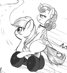 Size: 1280x1401 | Tagged: safe, artist:wickedsilly, derpibooru import, royal ribbon, oc, oc:wheely bopper, original species, wheelpone, collar, grin, happy, monochrome, ponies riding ponies, ribbon, road, saddle, sketch