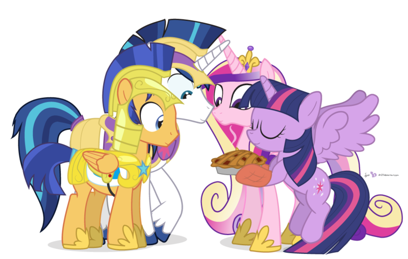 Size: 1040x660 | Tagged: safe, artist:dm29, derpibooru import, flash sentry, princess cadance, shining armor, twilight sparkle, twilight sparkle (alicorn), alicorn, pony, armor, female, mare, oven mitts, pie, pie seduce, royal guard, simple background, transparent background, vector