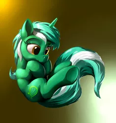 Size: 1337x1417 | Tagged: safe, artist:nadnerbd, derpibooru import, lyra heartstrings, pony, unicorn, female, fetal position, gradient background, mare, smiling, solo, underhoof