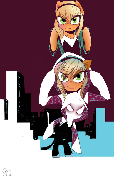 Size: 1596x2466 | Tagged: safe, artist:supermare, derpibooru import, ponified, earth pony, pony, edge of spider-verse, gwen stacy, marvel, spider-gwen, spider-woman