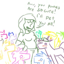 Size: 800x800 | Tagged: safe, artist:jargon scott, derpibooru import, oc, oc:anon, oc:femanon, unofficial characters only, pony, blushing, crowd, dialogue, male, petting, stallion