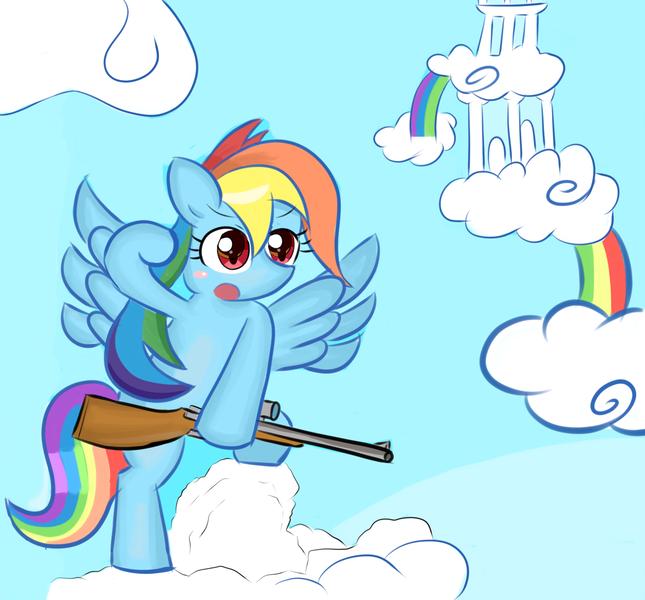 Size: 1583x1473 | Tagged: artist:timorikawa, derpibooru import, gun, pixiv, rainbow dash, safe, solo