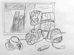 Size: 1280x941 | Tagged: armor, artist:elmutanto, derpibooru import, desk, fallout equestria, monochrome, oc, safe, scar, sitting, sketch, soldier, traditional art, unofficial characters only, warrior, zebra
