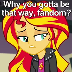 Size: 600x600 | Tagged: safe, derpibooru import, edit, edited screencap, screencap, sunset shimmer, equestria girls, rainbow rocks, caption, disappointed, fandom, image macro, meta, question, reaction image, sad, solo, sunsad shimmer